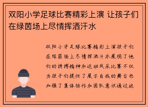 双阳小学足球比赛精彩上演 让孩子们在绿茵场上尽情挥洒汗水