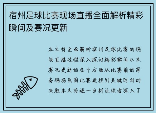 宿州足球比赛现场直播全面解析精彩瞬间及赛况更新