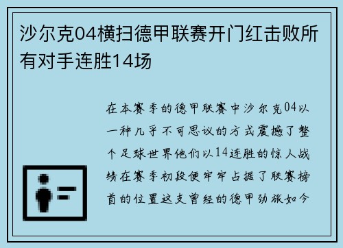 沙尔克04横扫德甲联赛开门红击败所有对手连胜14场