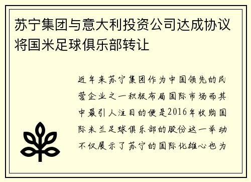 苏宁集团与意大利投资公司达成协议将国米足球俱乐部转让