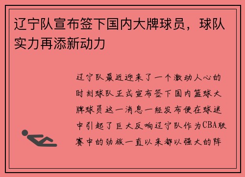 辽宁队宣布签下国内大牌球员，球队实力再添新动力