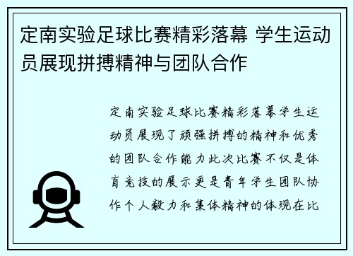 定南实验足球比赛精彩落幕 学生运动员展现拼搏精神与团队合作