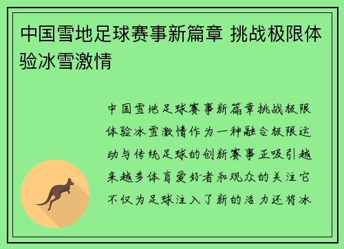 中国雪地足球赛事新篇章 挑战极限体验冰雪激情