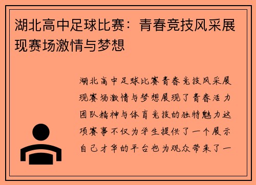 湖北高中足球比赛：青春竞技风采展现赛场激情与梦想