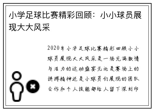 小学足球比赛精彩回顾：小小球员展现大大风采