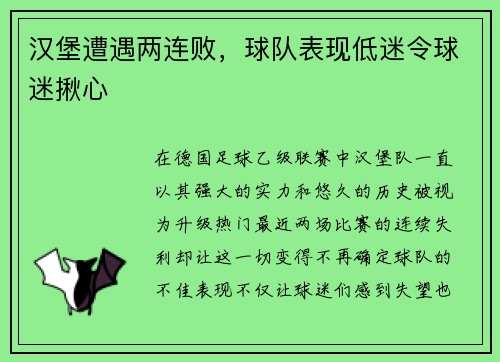汉堡遭遇两连败，球队表现低迷令球迷揪心