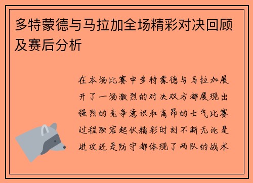 多特蒙德与马拉加全场精彩对决回顾及赛后分析