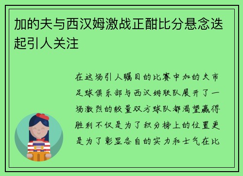 加的夫与西汉姆激战正酣比分悬念迭起引人关注