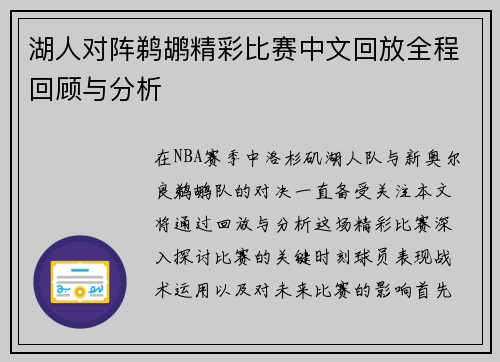 湖人对阵鹈鹕精彩比赛中文回放全程回顾与分析