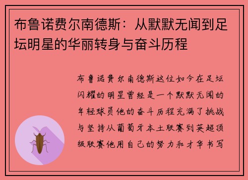 布鲁诺费尔南德斯：从默默无闻到足坛明星的华丽转身与奋斗历程