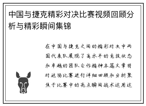 中国与捷克精彩对决比赛视频回顾分析与精彩瞬间集锦