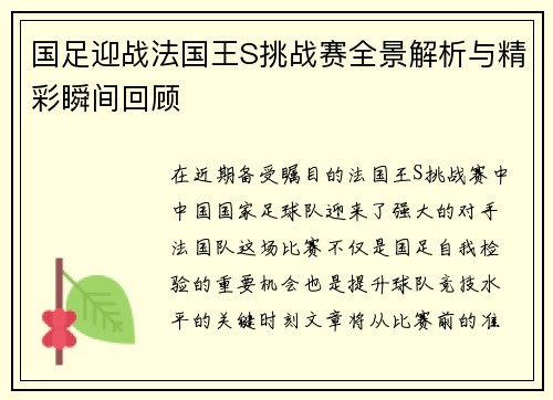 国足迎战法国王S挑战赛全景解析与精彩瞬间回顾