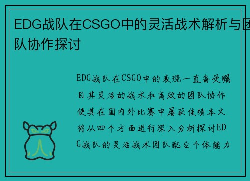 EDG战队在CSGO中的灵活战术解析与团队协作探讨