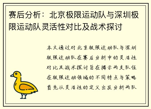 赛后分析：北京极限运动队与深圳极限运动队灵活性对比及战术探讨